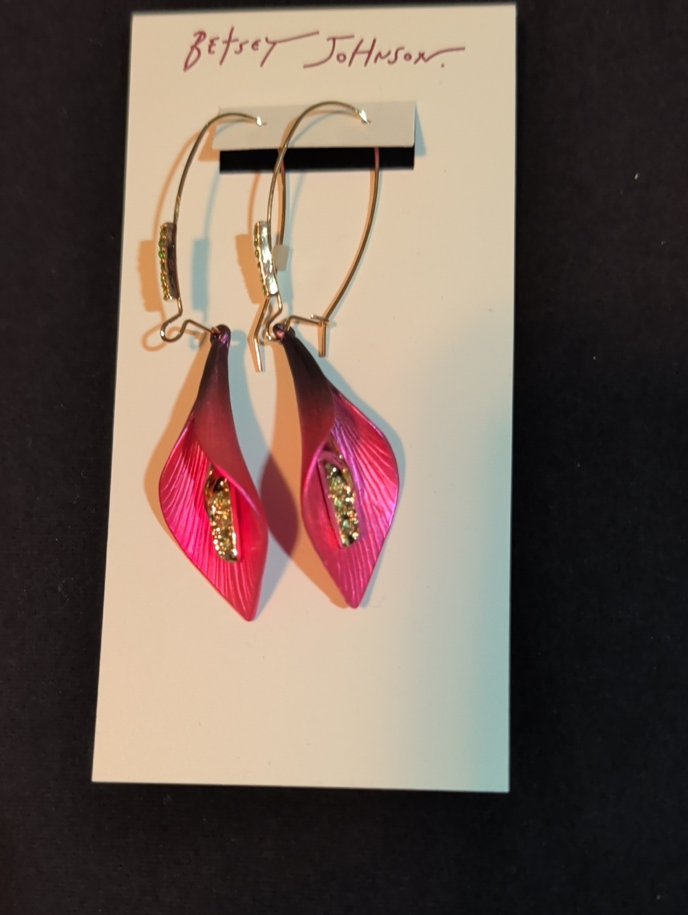 Betsey Johnson Hot Pink Calla Drop Earrings with Gold Glitter